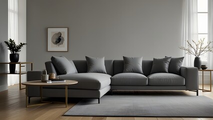 grey L-shaped sofa against a bright white backdrop, surrounded by light wood flooring in a modern