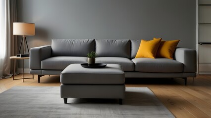 grey L-shaped sofa against a bright white backdrop, surrounded by light wood flooring in a modern