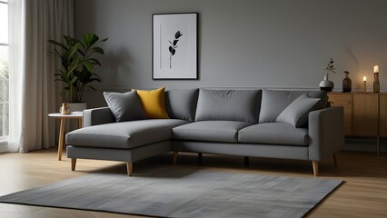 grey L-shaped sofa against a bright white backdrop, surrounded by light wood flooring in a modern