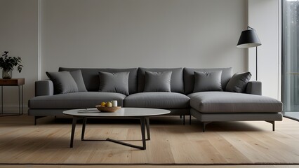 grey L-shaped sofa against a bright white backdrop, surrounded by light wood flooring in a modern