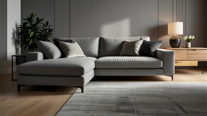 grey L-shaped sofa against a bright white backdrop, surrounded by light wood flooring in a modern