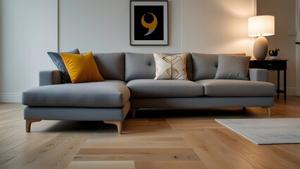 grey L-shaped sofa against a bright white backdrop, surrounded by light wood flooring in a modern
