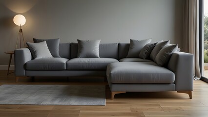 grey L-shaped sofa against a bright white backdrop, surrounded by light wood flooring in a modern