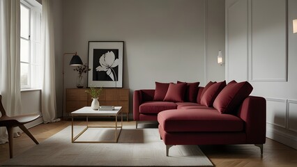 red maroon L-shaped sofa against a bright white backdrop, surrounded by light wood flooring in a modern