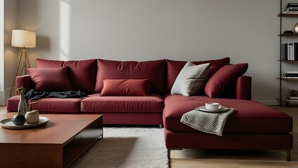 red maroon L-shaped sofa against a bright white backdrop, surrounded by light wood flooring in a modern