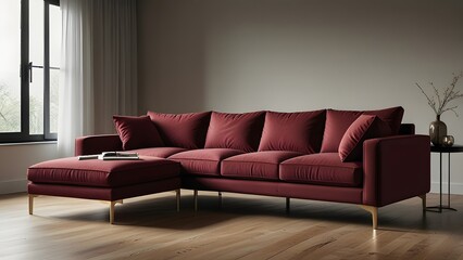 red maroon L-shaped sofa against a bright white backdrop, surrounded by light wood flooring in a modern