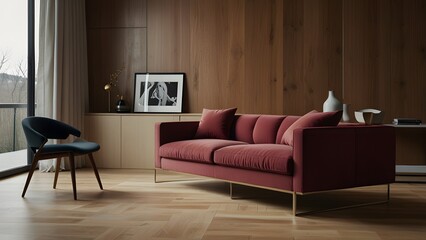 red maroon L-shaped sofa against a bright white backdrop, surrounded by light wood flooring in a modern