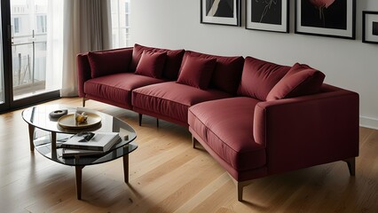 red maroon L-shaped sofa against a bright white backdrop, surrounded by light wood flooring in a modern