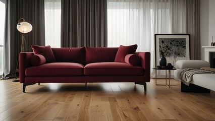 red maroon L-shaped sofa against a bright white backdrop, surrounded by light wood flooring in a modern