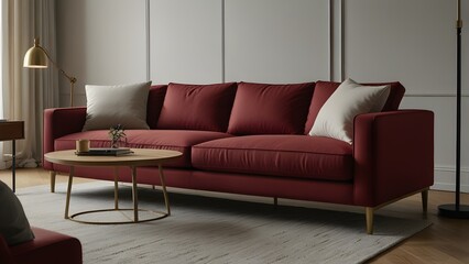 red maroon L-shaped sofa against a bright white backdrop, surrounded by light wood flooring in a modern