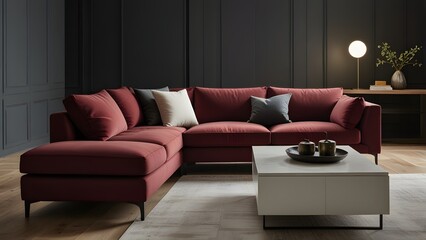 red maroon L-shaped sofa against a bright white backdrop, surrounded by light wood flooring in a modern