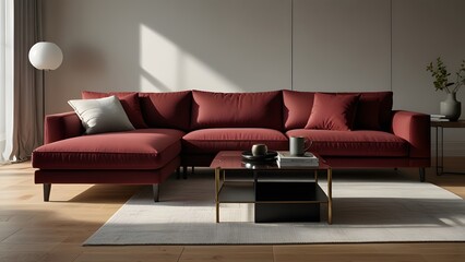 red maroon L-shaped sofa against a bright white backdrop, surrounded by light wood flooring in a modern