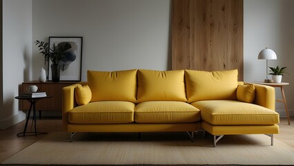yellow L-shaped sofa against a bright white backdrop, surrounded by light wood flooring in a modern
