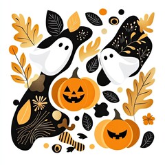 Fototapeta premium A festive Halloween design featuring cute ghosts, pumpkins, and autumn leaves in vibrant black, orange, and yellow colors.