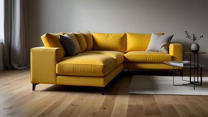 yellow L-shaped sofa against a bright white backdrop, surrounded by light wood flooring in a modern