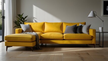 yellow L-shaped sofa against a bright white backdrop, surrounded by light wood flooring in a modern