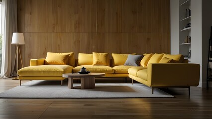 yellow L-shaped sofa against a bright white backdrop, surrounded by light wood flooring in a modern