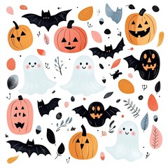 A fun Halloween-themed illustration featuring pumpkins, ghosts, bats, and autumn leaves in playful colors.