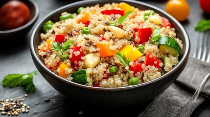 Bowl of quinoa salad with mixed vegetables and a sprinkle of seeds, nutrient-dense brain food, wholesome meal
