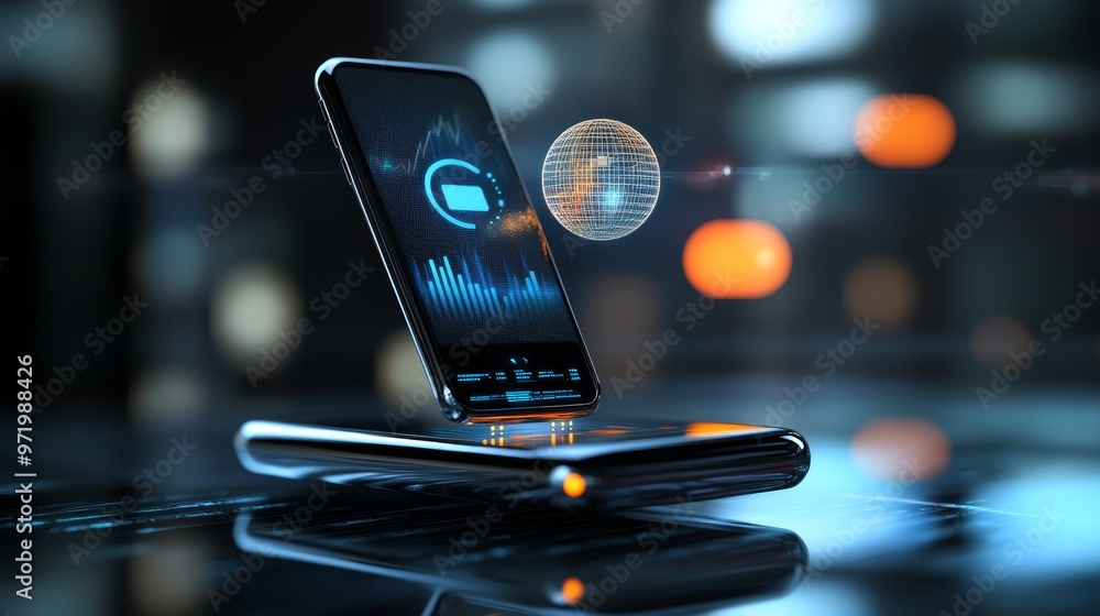 Poster a sleek smartphone displays intricate graphs and symbols, representing data visualization and future