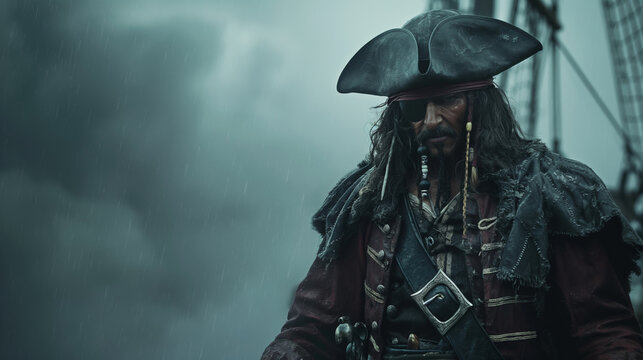 Pirate Captain Look, a pirate captain costume complete with an eyepatch, hat, and sword, standing on a spooky ship deck under a stormy Halloween sky, Halloween, with copy space