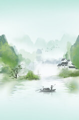 中国风春天风景山水画