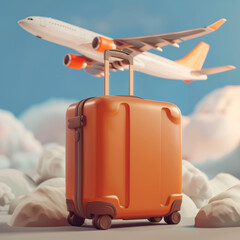 Cartoon 3D suitcase against the background of an airplane
