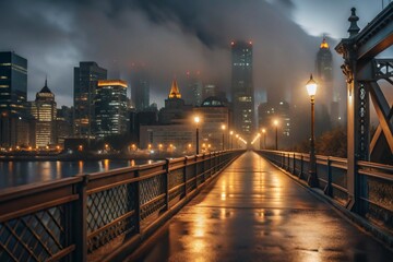 Fototapeta premium A foggy morning on a city bridge with the skyline barely visible in the mist.