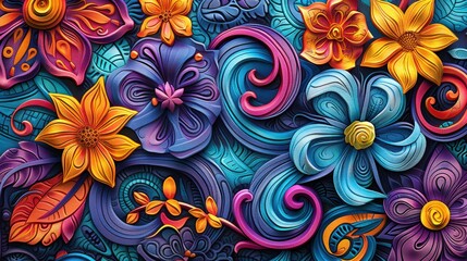 Design a psychedelic art piece featuring swirling patterns and blooming flowers
