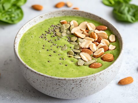Fresh spinach and kale smoothie bowl topped with nuts and seeds, brain-boosting meal, vibrant and healthy