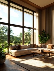 Fototapeta premium A spacious and modern living room with large windows offering stunning views of nature. The room is filled with natural light, creating a warm and inviting atmosphere. The large sectional sofa is per