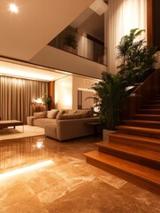 A spacious and modern living room featuring a comfortable sofa, a stylish staircase, and natural light pouring in from the windows. The room showcases a sophisticated design aesthetic with warm lighti