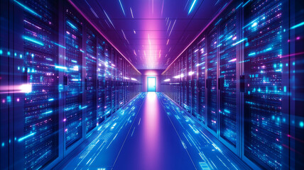 Obraz premium A vibrant data center corridor with glowing lights and server racks at night