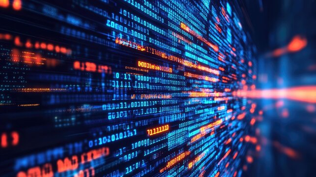 Abstract digital binary code background with blue and red glowing lines of data.