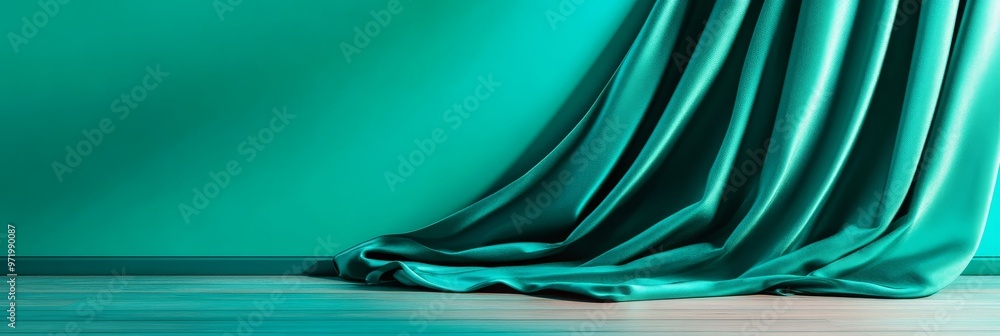 Poster a teal fabric drape elegantly cascades down a turquoise wall, creating a minimalist and modern backd