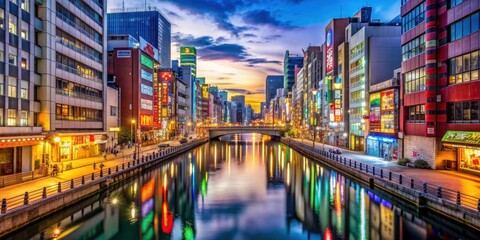 Naklejka premium Colourful illuminated buildings along the bustling streets of Dotonbori in Osaka, Japan at night, Osaka, Japan, Dotonbori