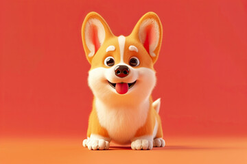 a smiling cute dog sitting in front on red background.