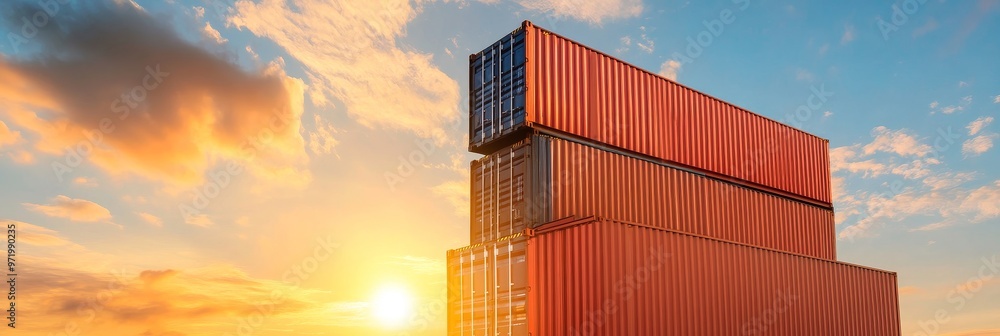 Poster a towering stack of shipping containers against a backdrop of a vibrant sunset, representing the int