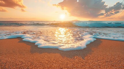 Foamy Ocean Wave Crashing on Sandy Beach at Sunset