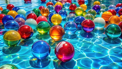 Colorful balls floating in a crystal clear pool , pool, summer, fun, vibrant, colorful, toys, relaxation, leisure