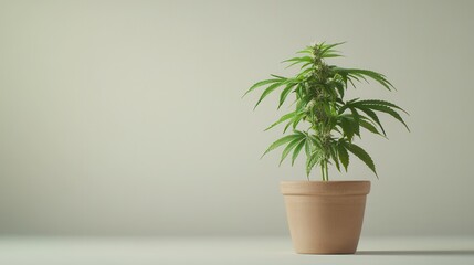 A healthy cannabis plant in a simple pot against a neutral background, ideal for illustrating nature and growth themes.