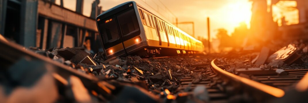 A train derailed and lies in ruins on the tracks after an earthquake. The train is damaged, but the sunset casts a warm glow over the scene. This image represents the destructive power of natural disa