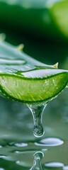 Macro Shot of Dripping Aloe Vera Gel from Sliced Aloe Vera Leaf