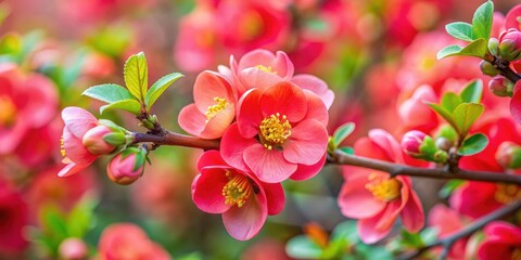 Obraz premium Close-up of vibrant Flower Japanese Quince in full bloom, Flower, Japanese, Quince, Chaenomeles, speciosa, Laganaria, Cydonia
