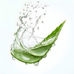 Refreshing Aloe Vera Leaf Splashing Water Against White Background