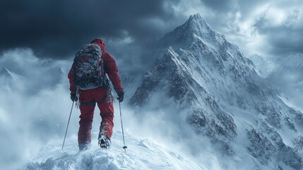 A climber stands on a snowy peak against a dramatic mountain backdrop.