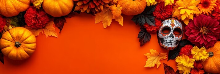 Fototapeta premium A vibrant arrangement of pumpkins and autumn flowers with a Day of the Dead sugar skull mask, symbolizing life, death, remembrance, and celebration.