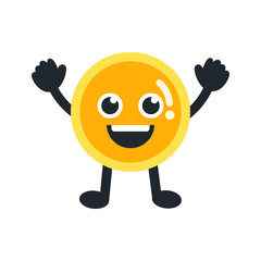 Happy golden coin dollar cartoon character. Financial, marketing, saving, profit, currency, investment concept. Flat vector design isolated illustration.