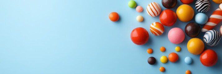 A vibrant collection of assorted candy, including chocolate, hard candy, and gum, scattered across a bright blue background. The colors and textures of the candy create a playful and festive atmospher