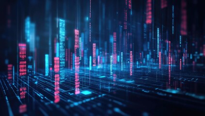 Abstract digital city with glowing blue and red lines, creating a futuristic cityscape.
